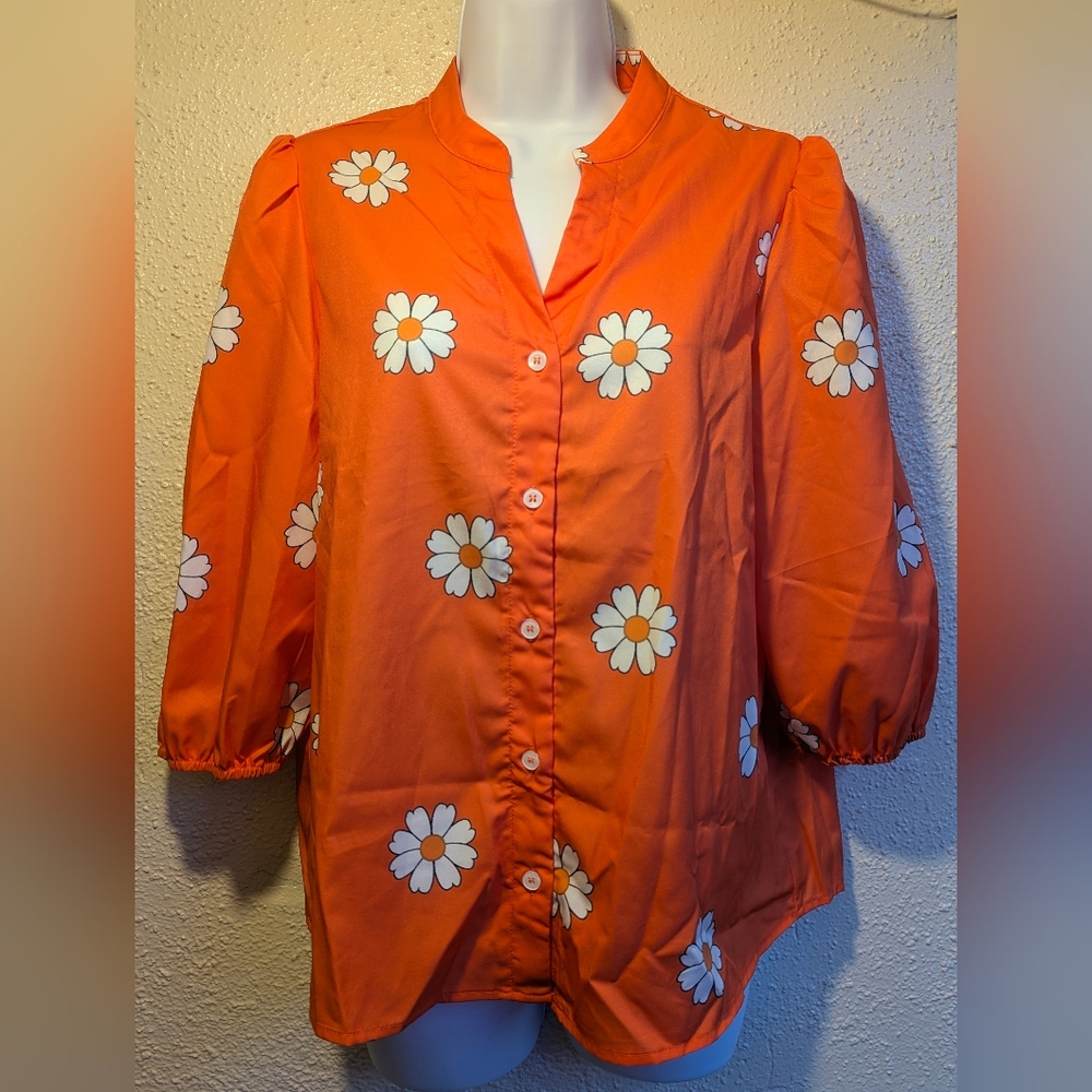 Women's Medium Blouse 70s Daisy Floral Orange Bohemian Hippie Elastic Sleeves